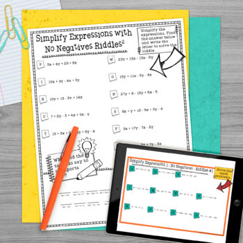 Simplifying Expressions 1 Math with Riddles - No Prep - Print and Digital