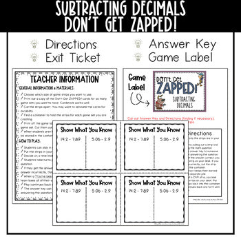 Subtracting Decimals Don't Get ZAPPED Math Game