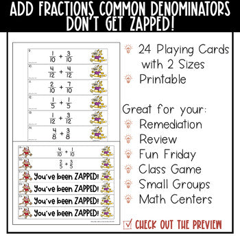 Adding Fractions with Like Denominators Don't Get ZAPPED Math Game