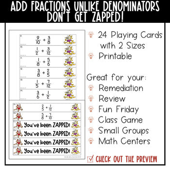 Adding Fractions Unlike Denominators Don't Get ZAPPED Math Game