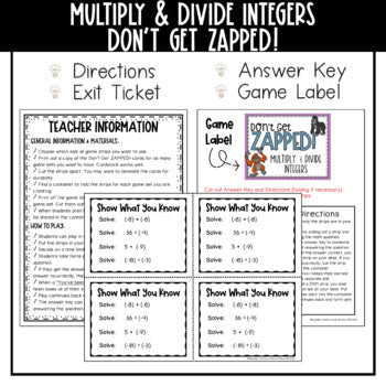 Multiplying and Dividing Integers Don't Get ZAPPED Math Game