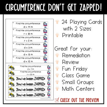 Circumference of Circles Don't Get ZAPPED Math Game Pi Day Middle School