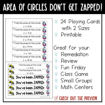 Area of Circles Don't Get ZAPPED Math Game - Pi Day Activity Middle School
