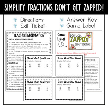 Simplifying Fractions Don't Get ZAPPED Math Game