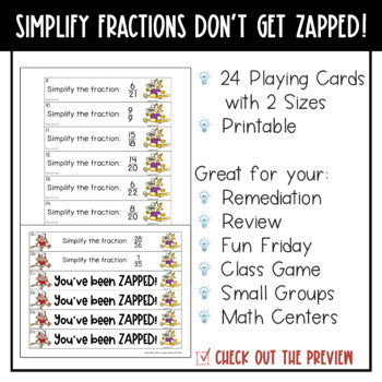 Simplifying Fractions Don't Get ZAPPED Math Game