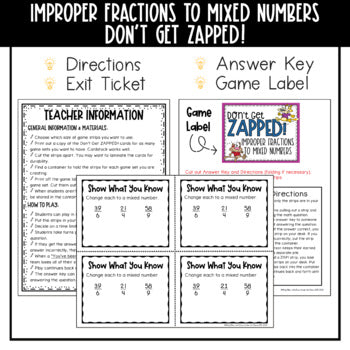 Converting Improper Fractions to Mixed Numbers Don't Get ZAPPED Math Game