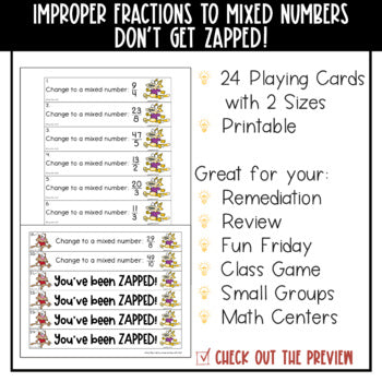 Converting Improper Fractions to Mixed Numbers Don't Get ZAPPED Math Game