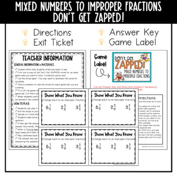 Converting Mixed Numbers to Improper Fractions Don't Get ZAPPED Math Game