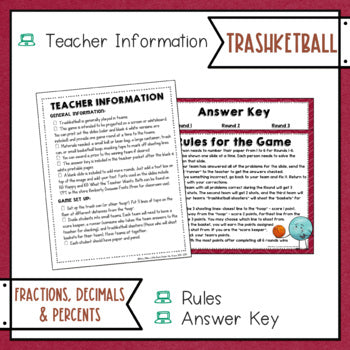 Converting Fractions Decimals and Percents Trashketball Math Game