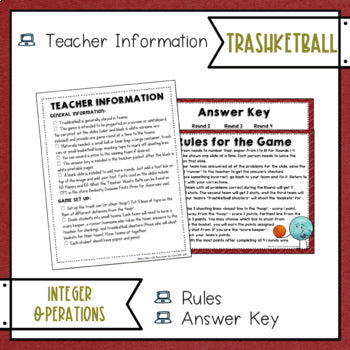 Integers Trashketball Math Game