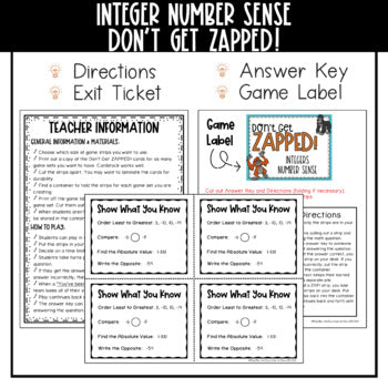 Integers Number Sense Don't Get ZAPPED Game - Comparing Ordering Absolute Value