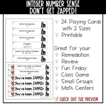 Integers Number Sense Don't Get ZAPPED Game - Comparing Ordering Absolute Value