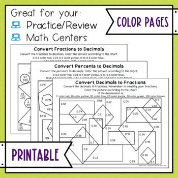 Converting Fractions Decimals and Percents Activity - Math Color Pages