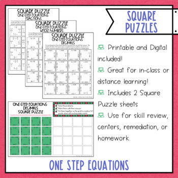 Solving One Step Equations Math Square Puzzles Digital and Print