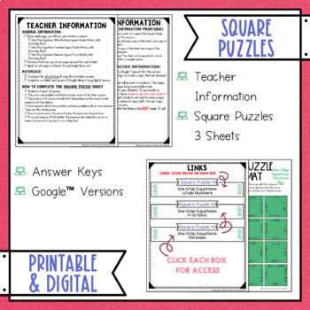 Solving One Step Equations Math Square Puzzles Digital and Print