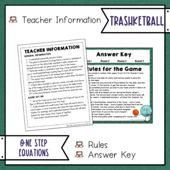 Solving One Step Equations Trashketball Math Game with 5 game rounds including 5 questions in Rounds 1-4 and 10 questions in Round 5