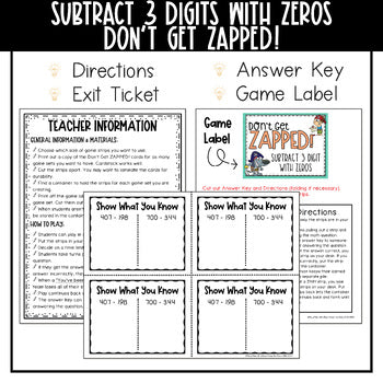 Subtraction 3 Digit with Zeros Don't Get ZAPPED Math Game