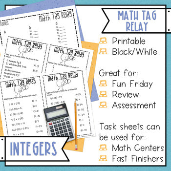 Integers Math Tag Relay Game - Absolute Value, Compare, Number Line, Operations