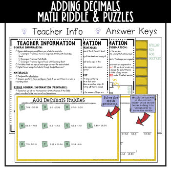 Adding Decimals Math Activities Puzzles and Riddle - Digital and Print