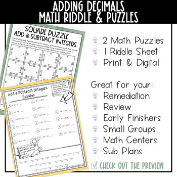 Adding Decimals Math Activities Puzzles and Riddle - Digital and Print