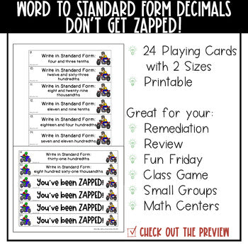 Decimals Word Form to Standard Form Don't Get ZAPPED Math Game