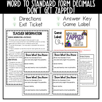 Decimals Word Form to Standard Form Don't Get ZAPPED Math Game