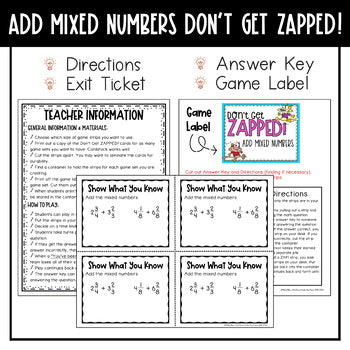 Adding Mixed Numbers Don't Get ZAPPED Math Game