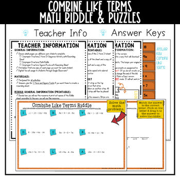 Combine Like Terms Math Activities Puzzles and Riddle - Print and Digital