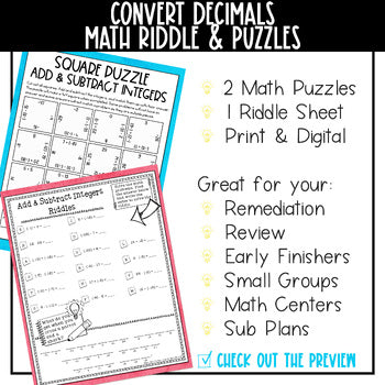 Convert Decimals Math Activities Puzzles and Riddle - No Prep - Print & Digital