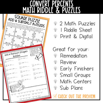 Convert Percents Math Activities Puzzles and Riddle - No Prep - Print & Digital