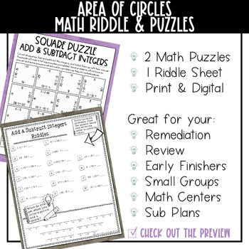 Area of Circles Math Activities Pi Day Middle School - No Prep - Print and Digit