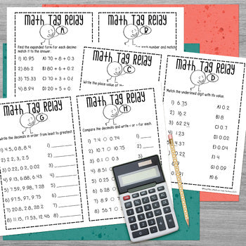 Decimal Place Value Math Tag Relay - Forms, Value, Rounding, Compare, Order