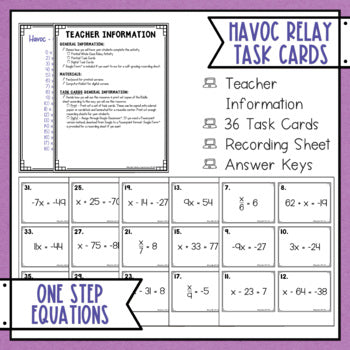 Solving One Step Equations Task Cards Havoc Math Relay