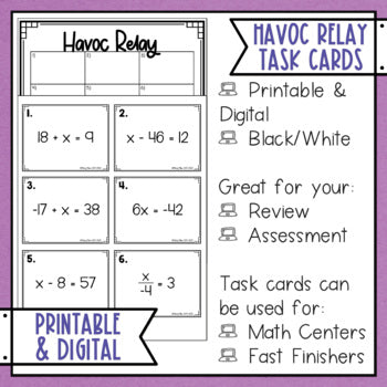 Solving One Step Equations Task Cards Havoc Math Relay