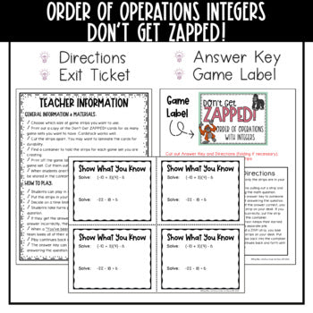 Order of Operations with Integers Don't Get ZAPPED Math Game