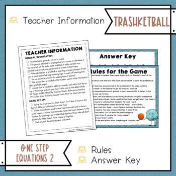 Solving One Step Equations 2 with Integers Trashketball Math Game