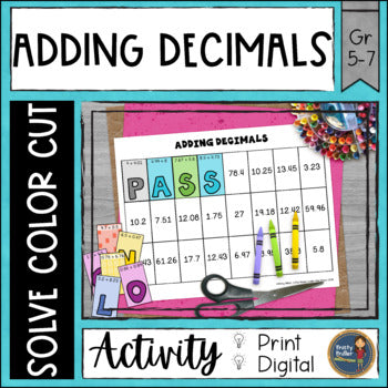 Adding Decimals Activity - Math Solve Color Cut