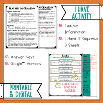 Order of Operations Integers & Exponents I Have It Math Cut & Paste - No Prep