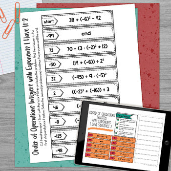 Order of Operations Integers & Exponents I Have It Math Cut & Paste - No Prep