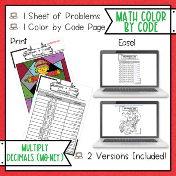 Ugly Sweater Multiplying Decimals (Money) Christmas Math Color Sheet