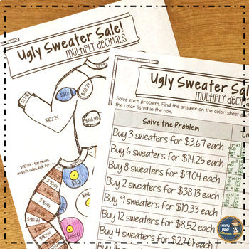 Ugly Sweater Multiplying Decimals (Money) Christmas Math Color Sheet