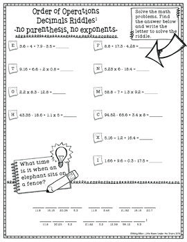 Order of Operations 2 Decimals Math with Riddles - No Prep - Print and Digital