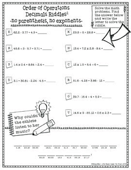 Order of Operations 2 Decimals Math with Riddles - No Prep - Print and Digital