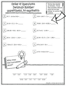 Order of Operations 4 Decimals with Parenthesis Riddles - Print and Digital