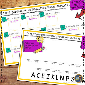 Order of Operations 4 Decimals with Parenthesis Riddles - Print and Digital