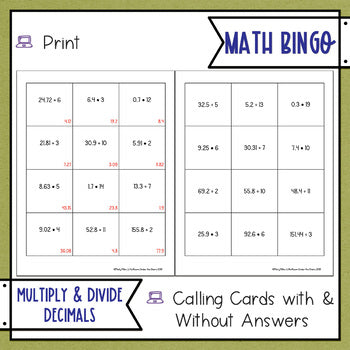 Multiplying and Dividing Decimals by Whole Numbers BINGO Math Game