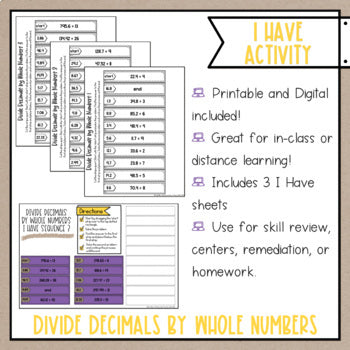 Divide Decimals by Whole Numbers I Have It Math Cut & Paste - No Prep