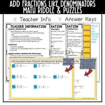 Adding Fractions with Like Denominators Math Activities Digital and Print