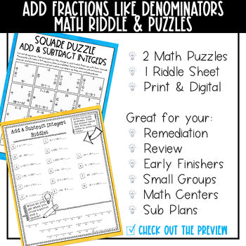 Adding Fractions with Like Denominators Math Activities Digital and Print