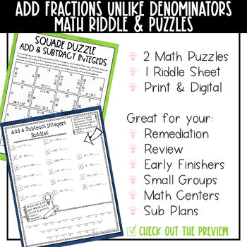Adding Fractions with Unlike Denominators Math Activities Digital and Print